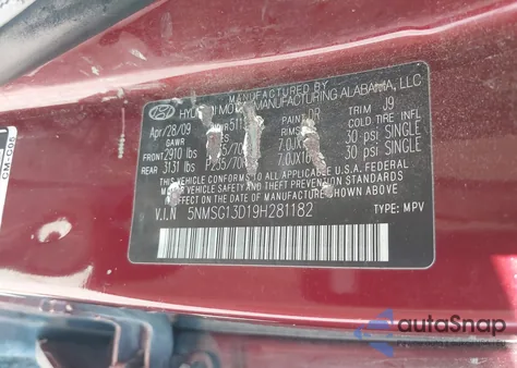 2009 Hyundai Santa Fe Gls z USA, uszkodzony, nr VIN 5NMSG13D19H281182